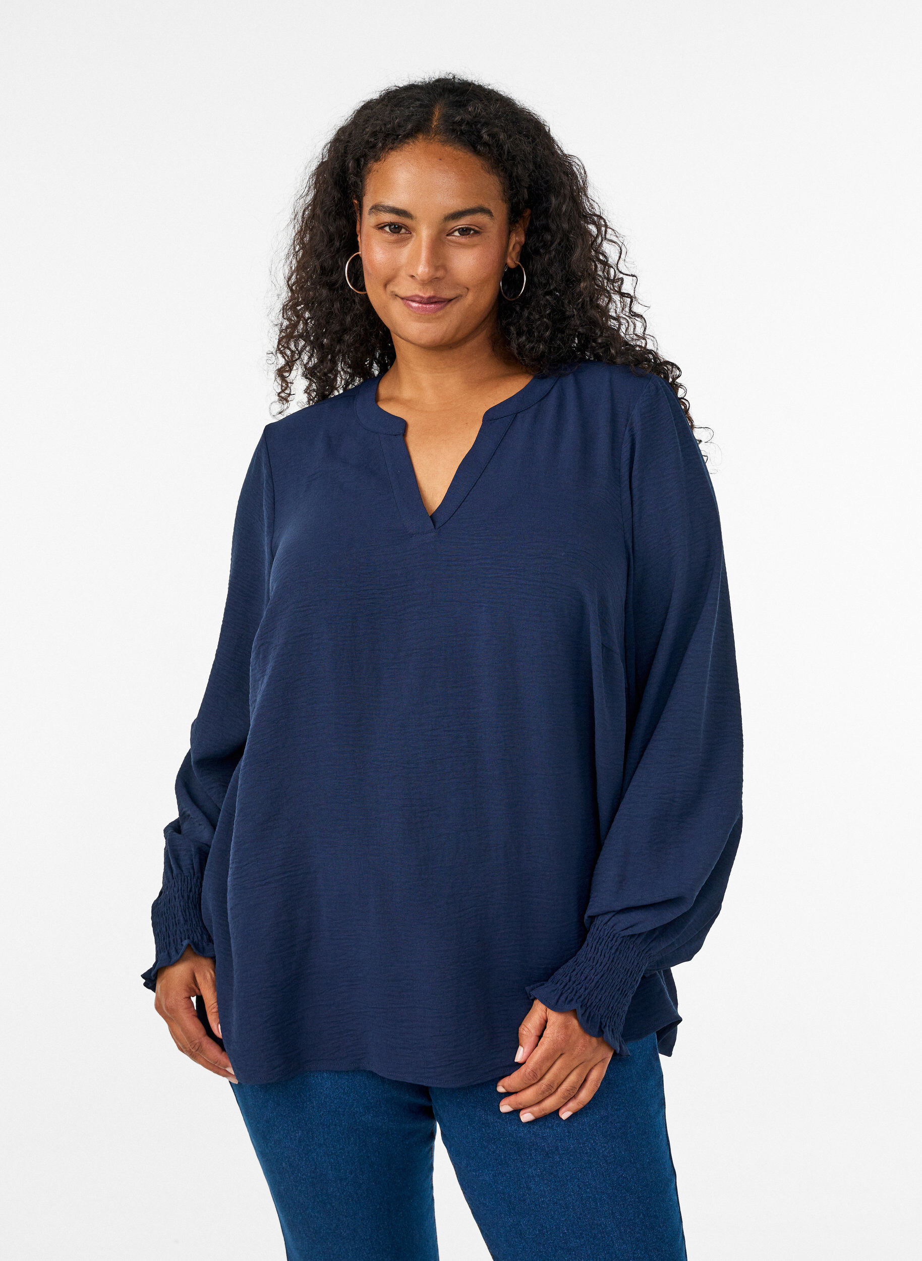 ZizzifashionBlouse with smock cuffs and V-neck, Blue, Model image number 0