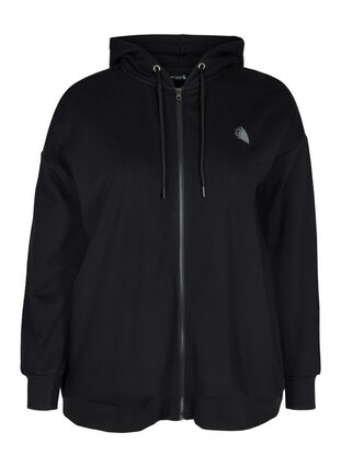 Sweat cardigan with hood and print, Black Move, Packshot image number 0
