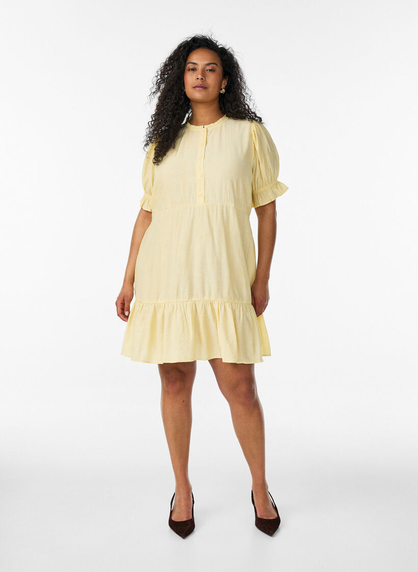 Short viscose dress with ruffle details, Yellow, Model image number 1