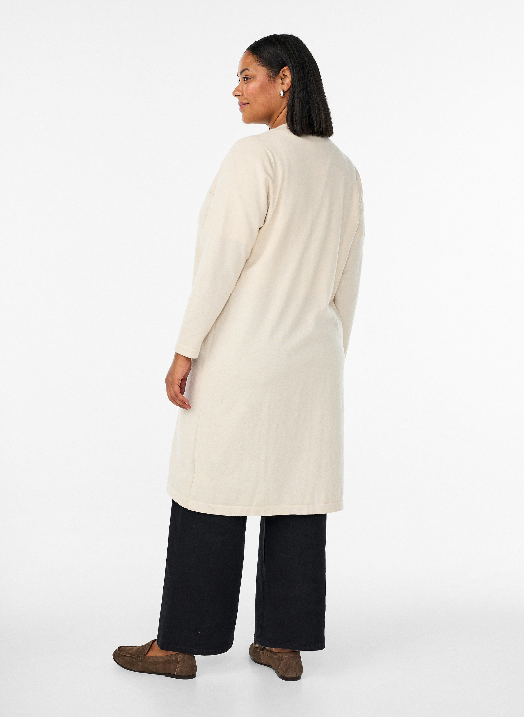 Zizzifashion Long, open cardigan with pockets, Beige, Model image number 1