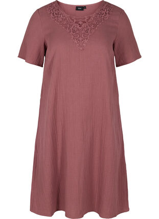 Short-sleeved cotton dress with embroidery, Rose Brown, Packshot image number 0