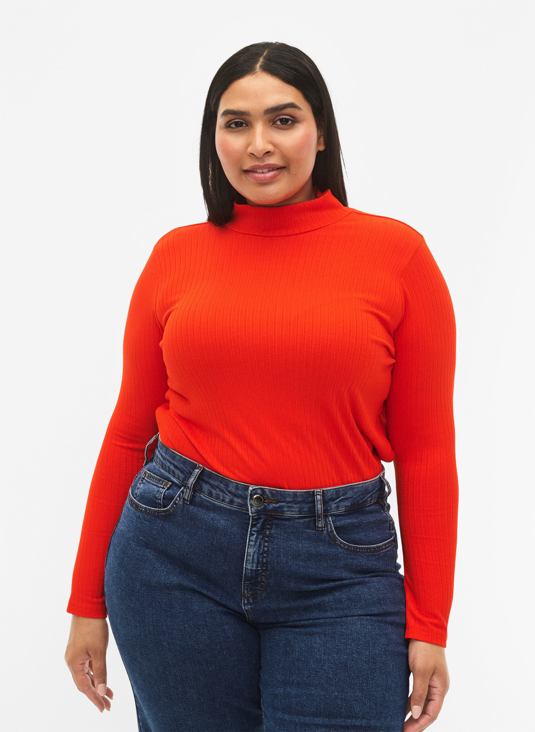 Zizzifashion Fitted viscose blouse with high neck, Orange.com, Model image number 0