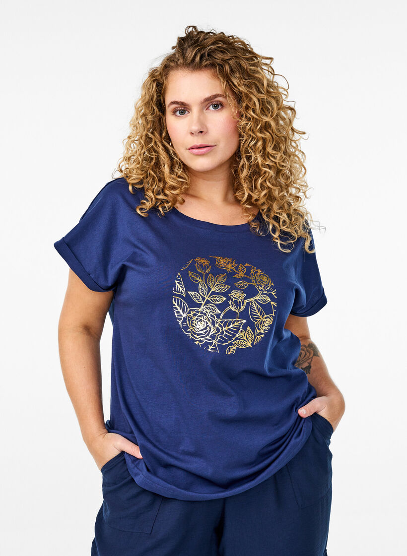 T-shirt with gold floral print, Naval A. Gold Rose, Model image number 0