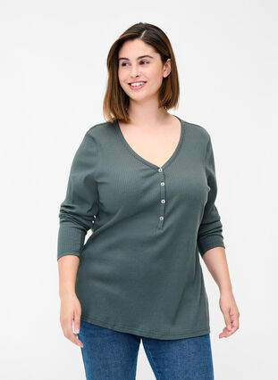 Long sleeve ribbed blouse with button detailing, Urban Chic, Model image number 0