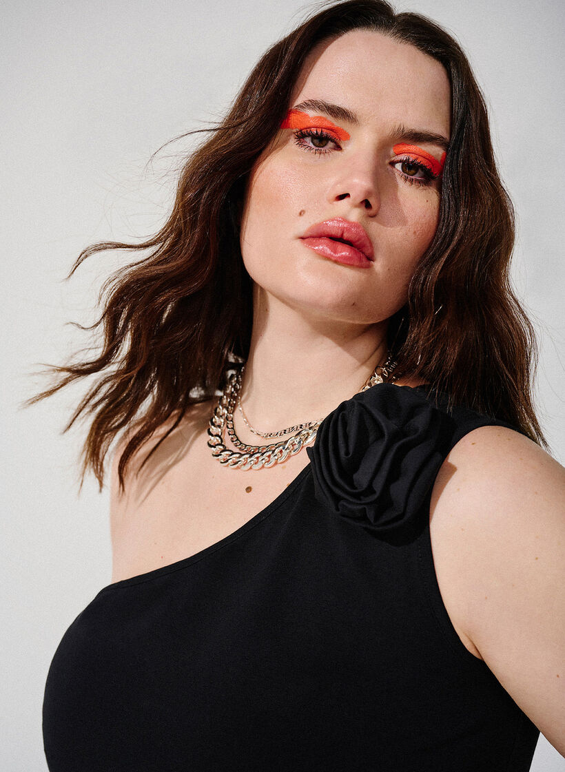 One-shoulder top with rose, Black, Image image number 0