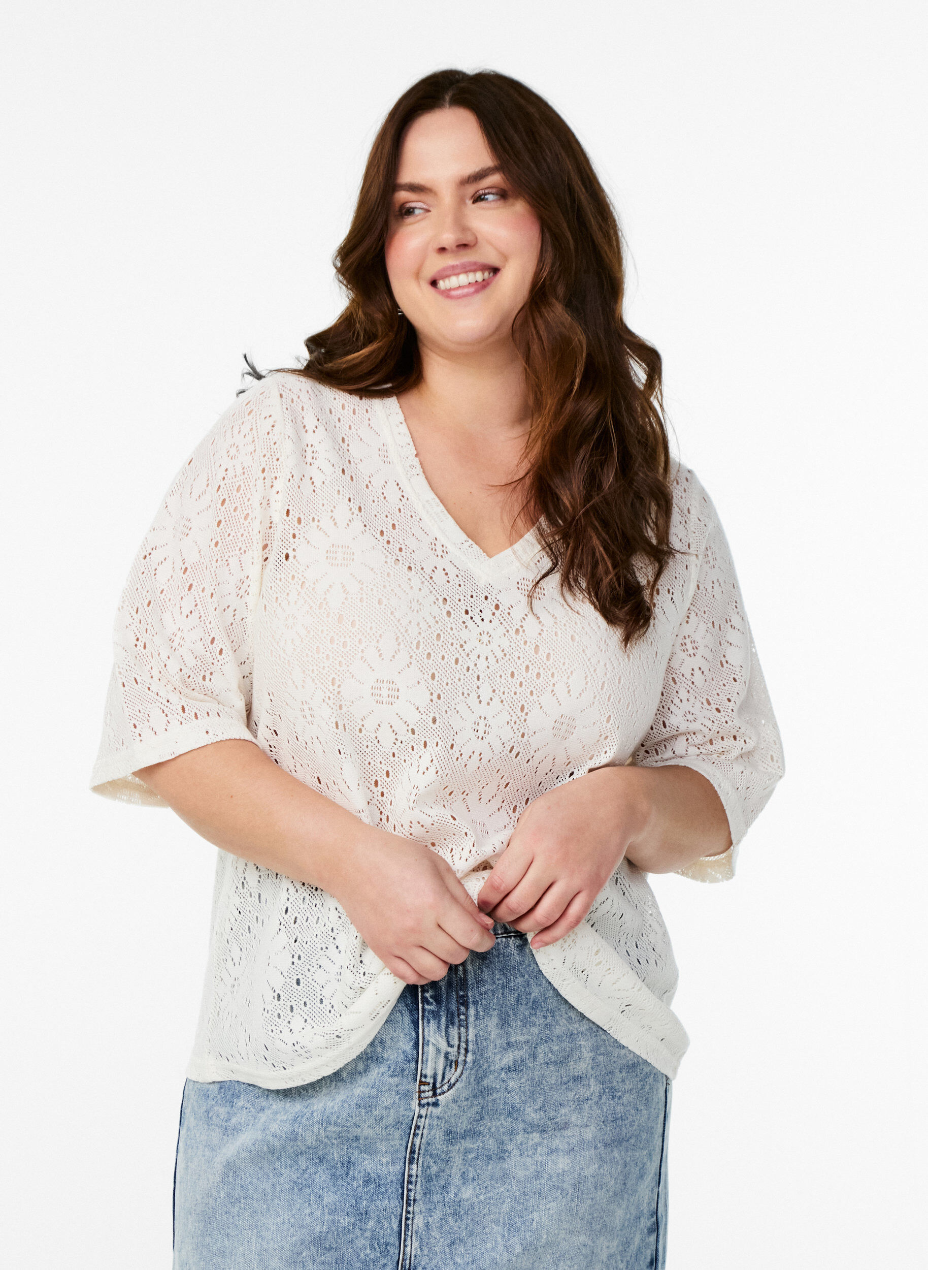 Blouse with an openwork pattern and short sleeves, Beige, Model