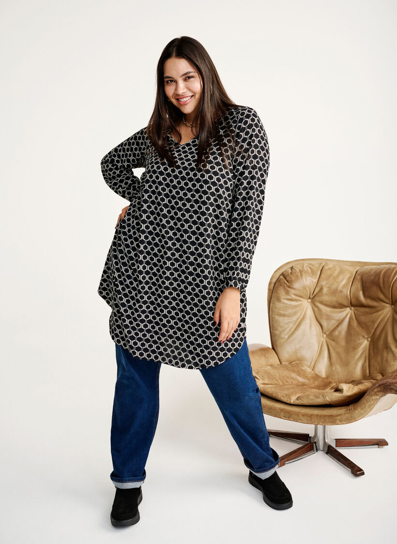 V-neck dress with print, Black Graphic AOP, Image image number 0