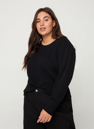 Knitted blouse with a ribbed pattern and balloon sleeves, Black, Model image number 0