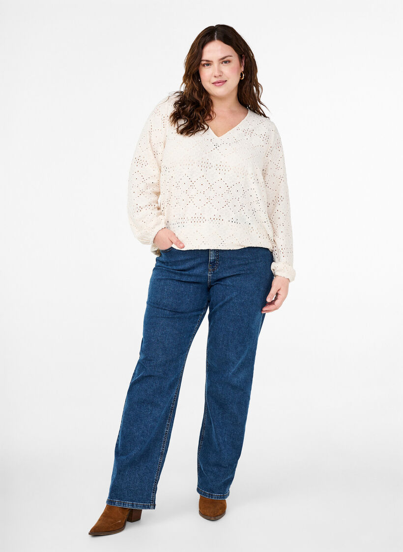 Long-sleeved blouse with V-neck and hole pattern, Antique White, Model image number 2