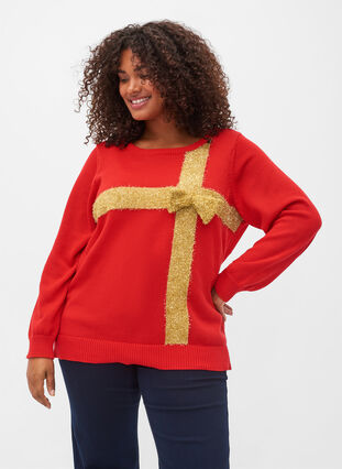 Christmas Jumper in lurex, Red W/gold lurex, Model image number 0