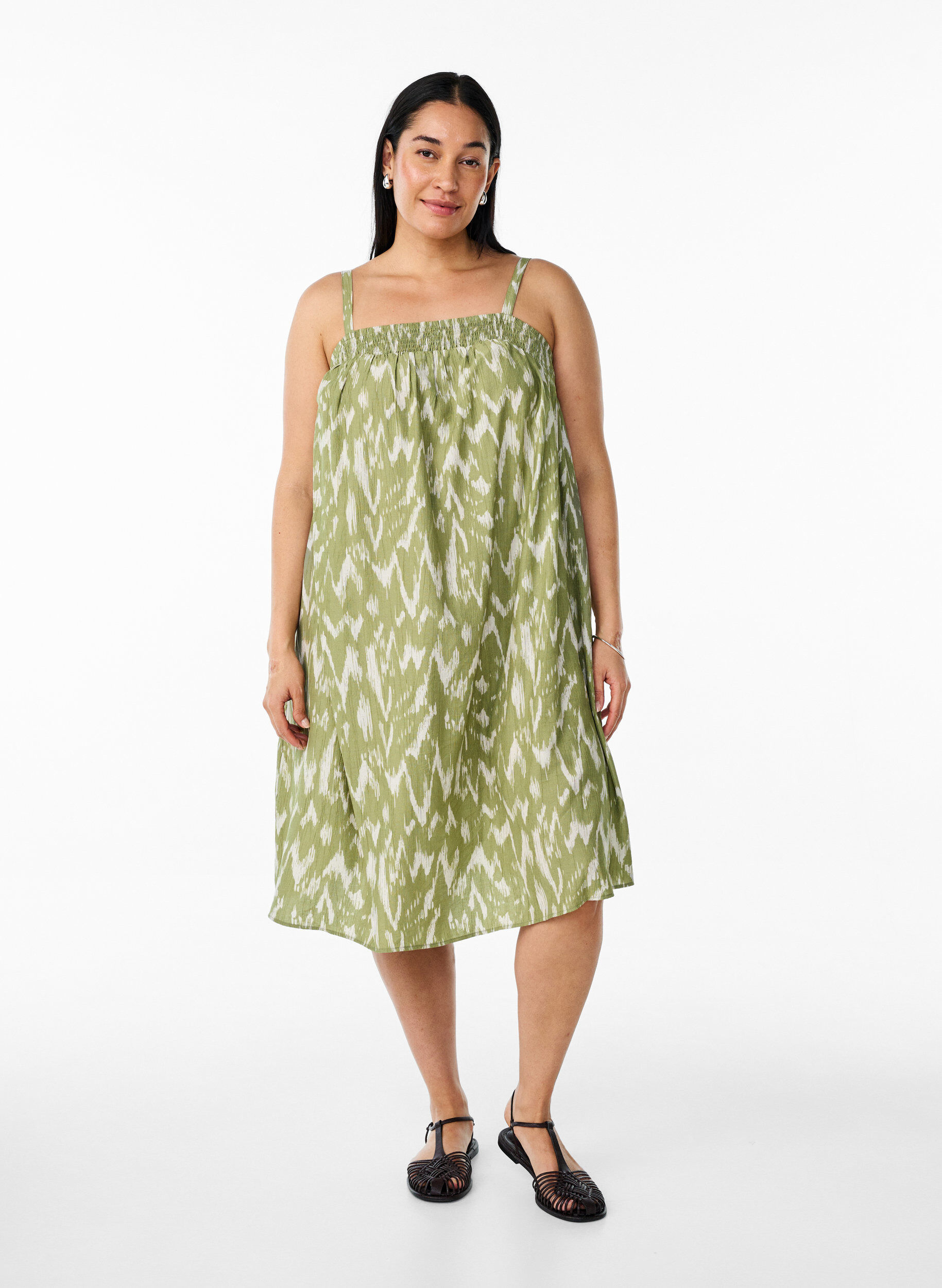Zizzifashion Short viscose dress with spaghetti straps, Green, Model image number 0