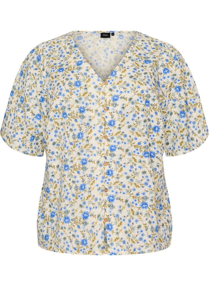 Short-sleeved cotton shirt with a V-neck, Blue, Packshot image number 0