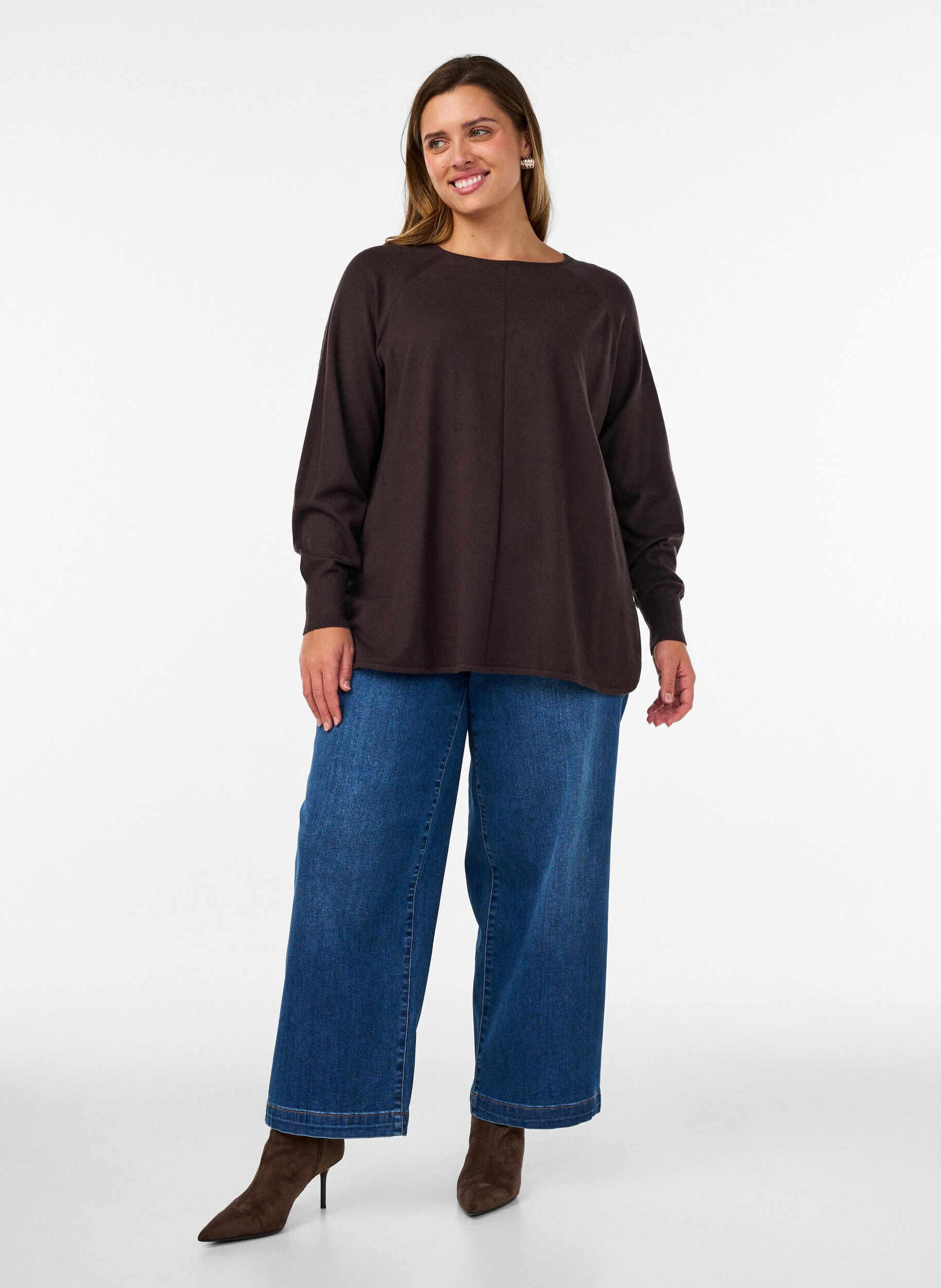 ZizzifashionKnitted blouse with round neck and knitted pattern, Brown, Model image number 1