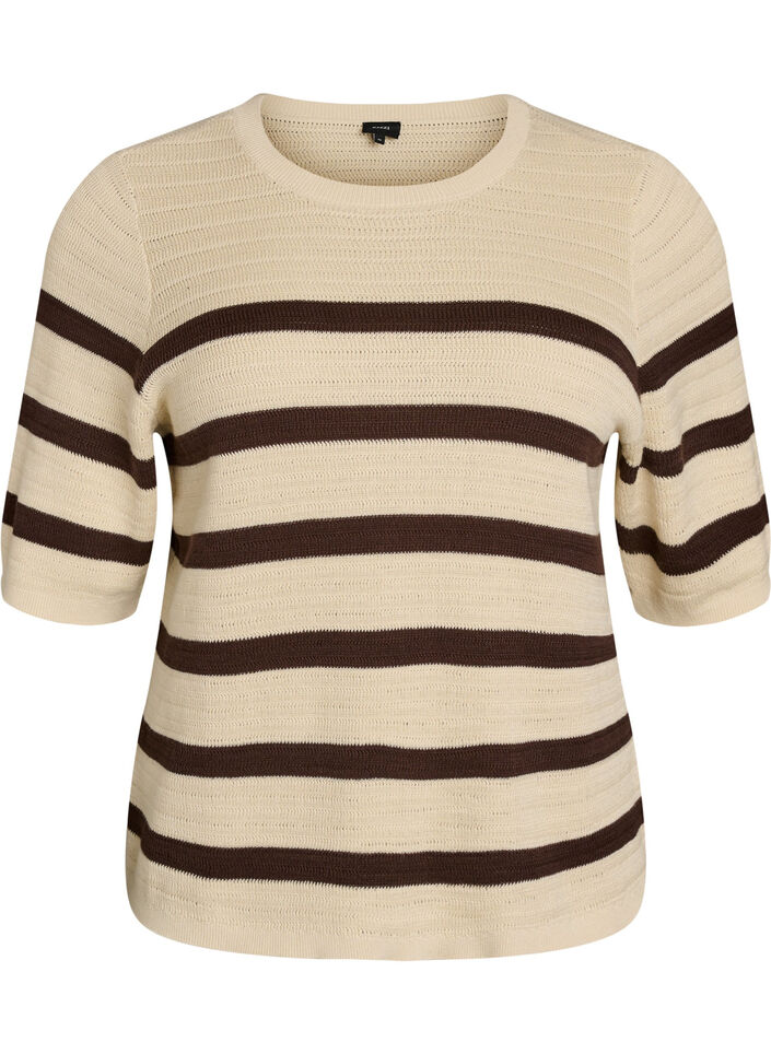 Knitted blouse with stripes and short sleeves, Vanilla, Packshot