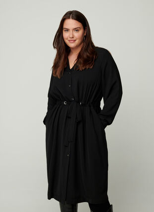 Long blazer with buttons and a belt, Black, Model image number 0
