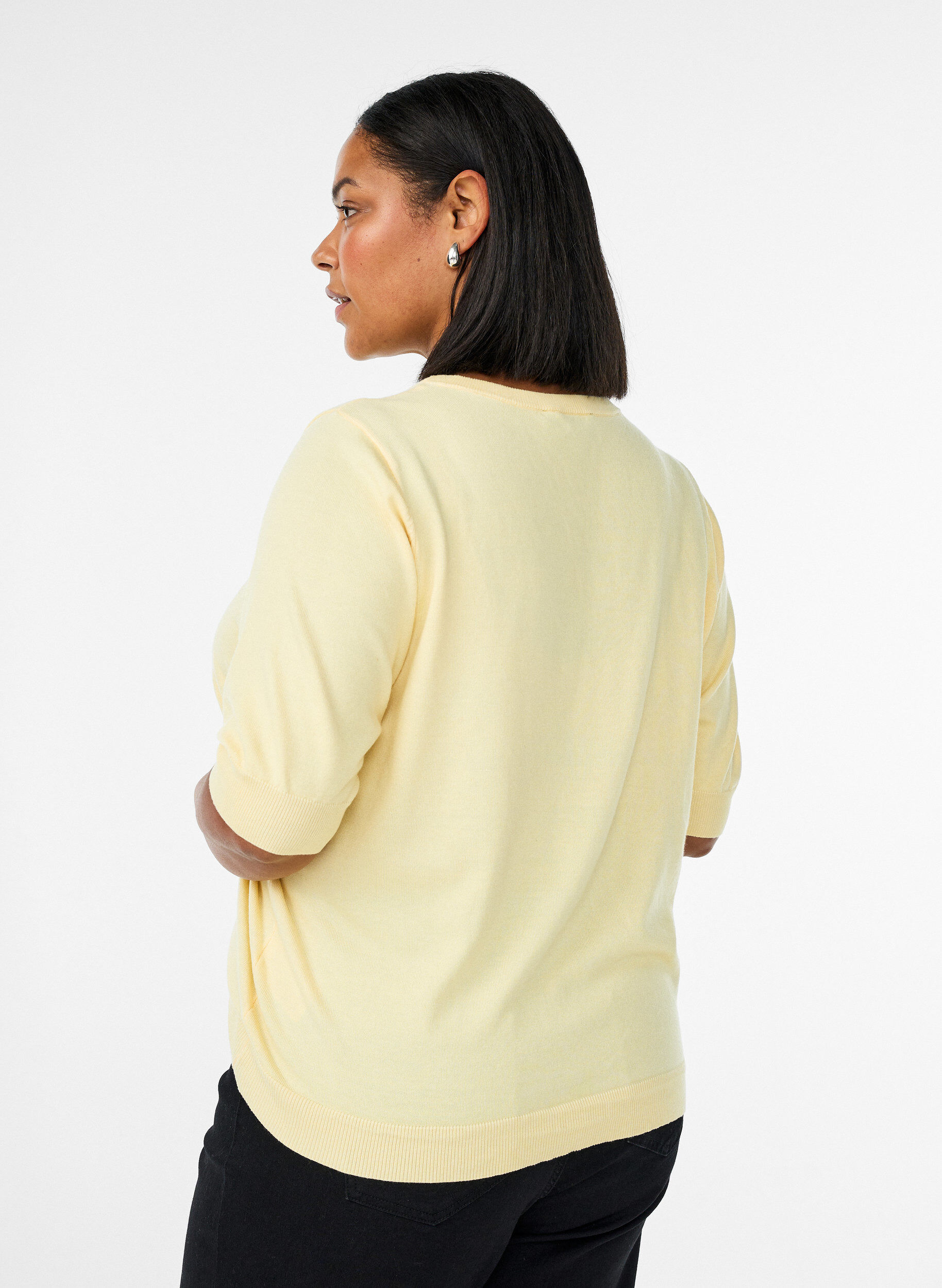 ZizzifashionFine-knit blouse with short sleeves, Yellow, Model image number 2
