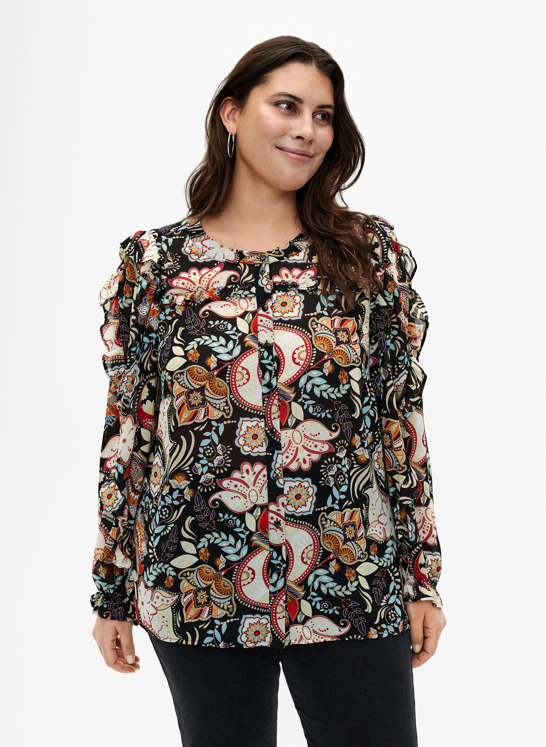 Zizzifashion Shirt blouse with ruffles and paisley print, Black Paisley, Model image number 0