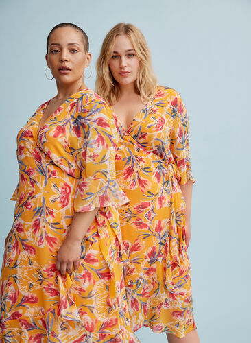 Floral wrap dress with 3/4-length sleeves, Cadmium Yellow AOP, Image image number 0