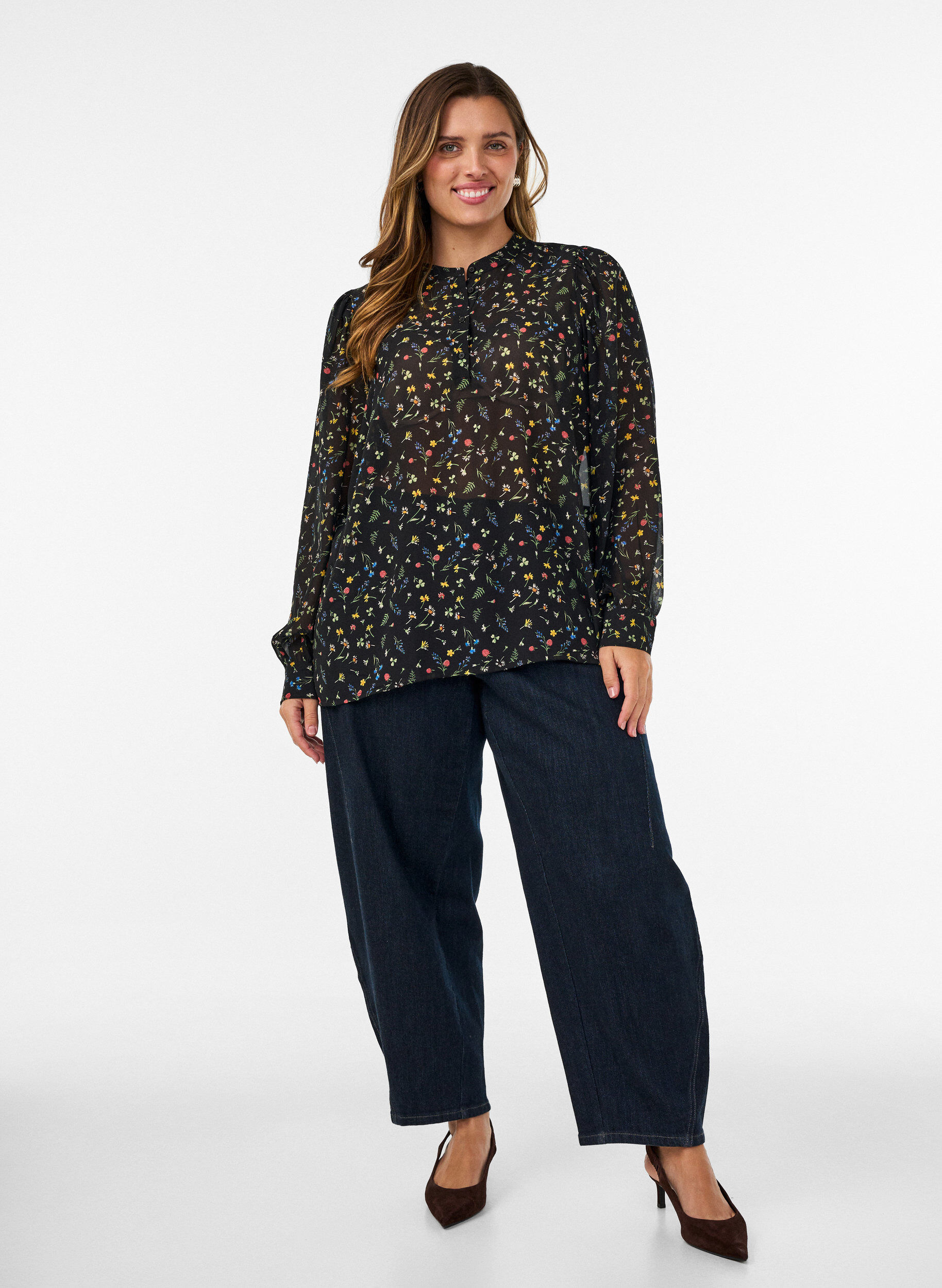 ZizzifashionBlouse with all-over print and short button placket, Black, Model image number 1