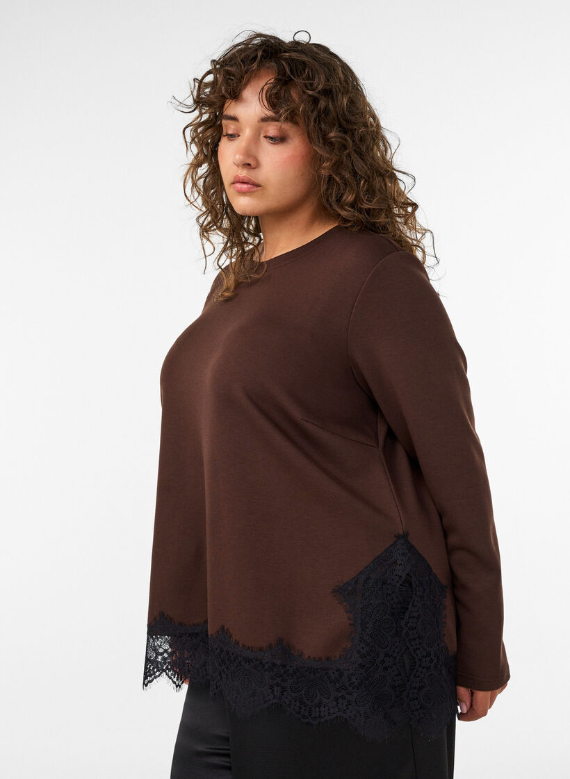 Jersey blouse with lace trim, Brown, Model image number 3
