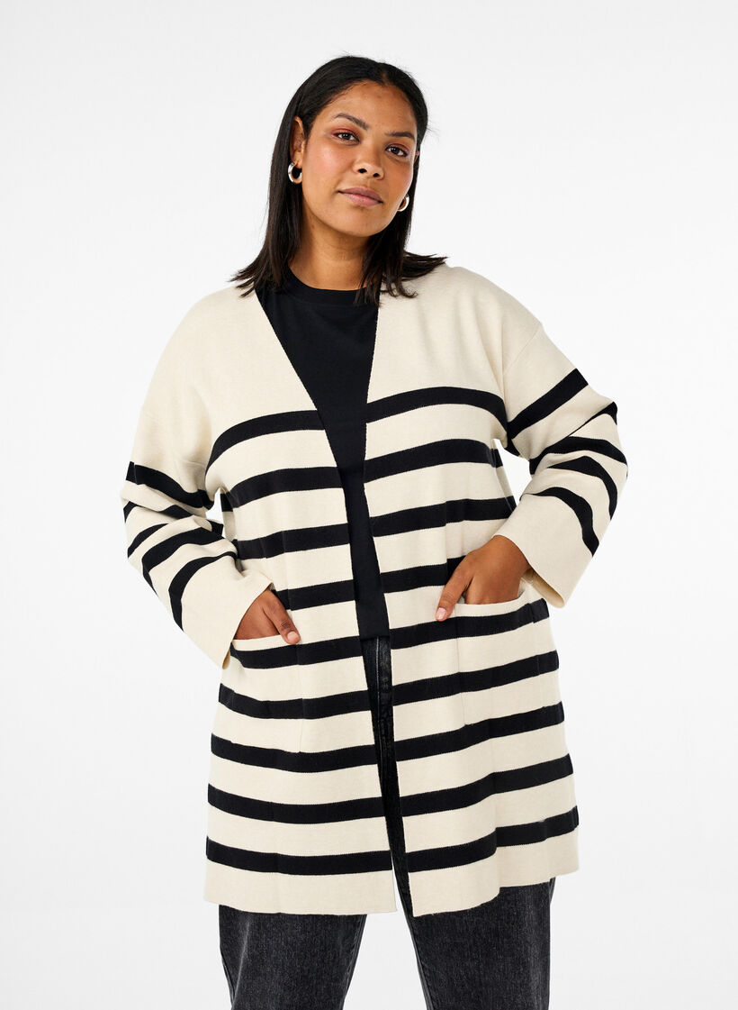 Long striped knitted cardigan, Birch w/Black, Model image number 0