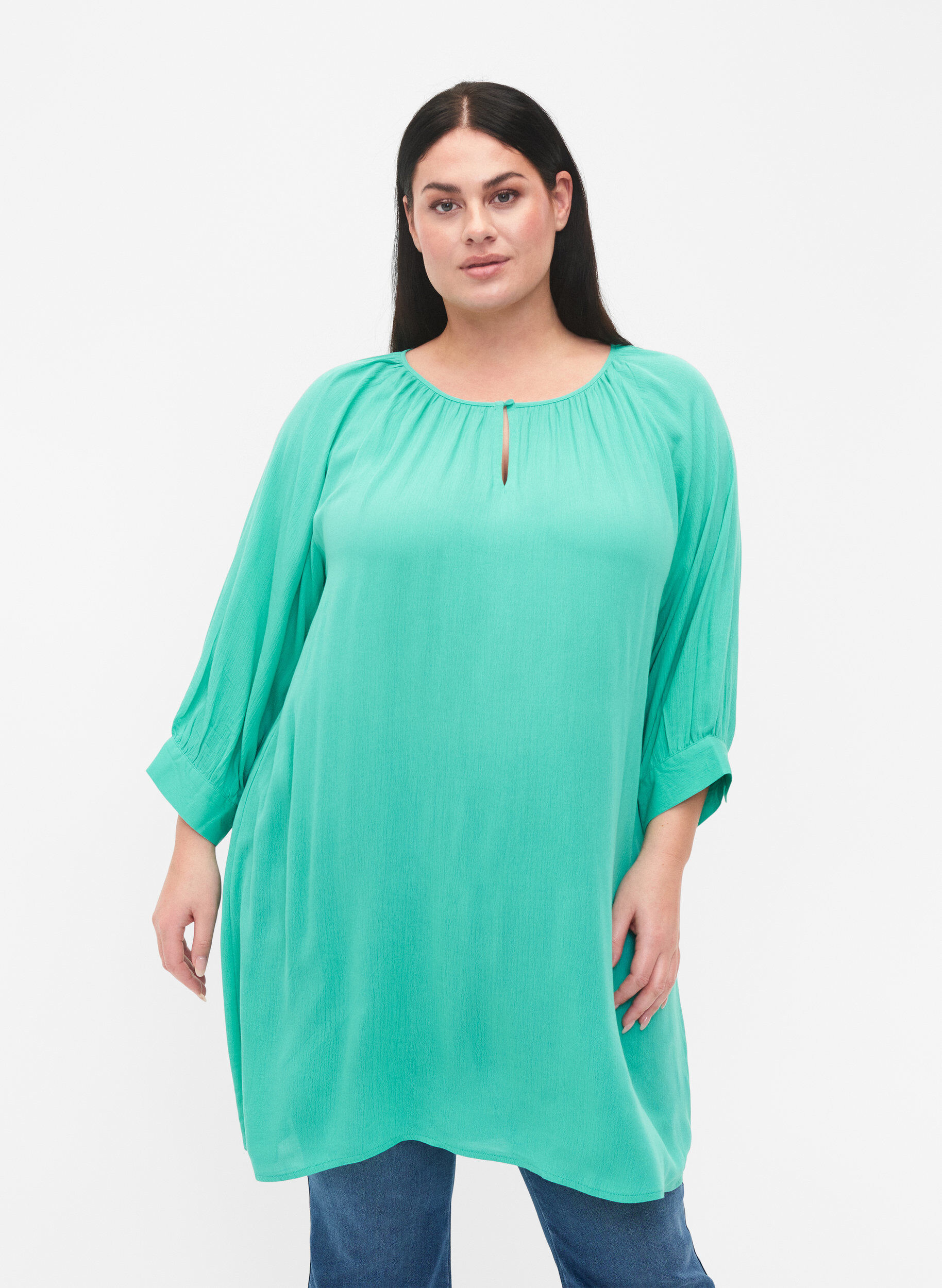 Zizzifashion Viscose tunic with 3/4 sleeves, Turquoise, Model image number 0