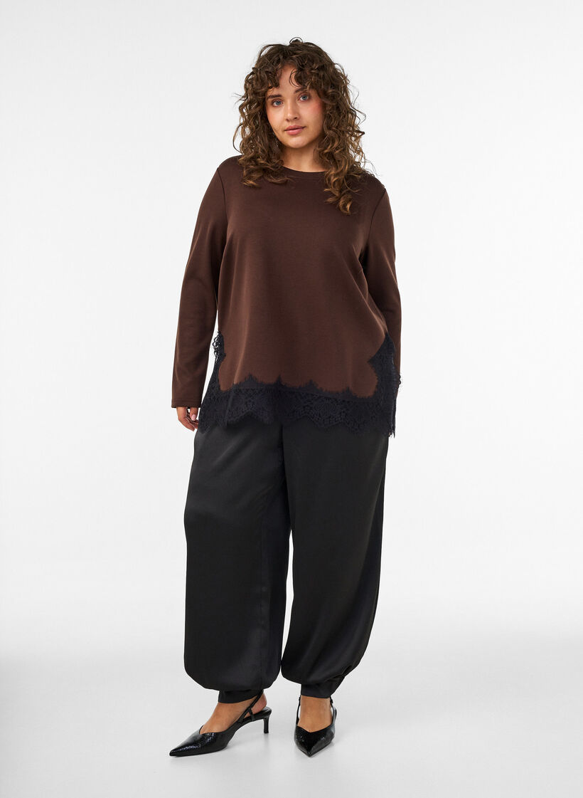 Jersey blouse with lace trim, Brown, Model image number 1