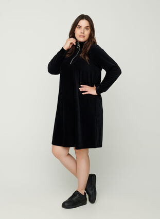 High neck velour dress with a zip, Black, Model image number 3