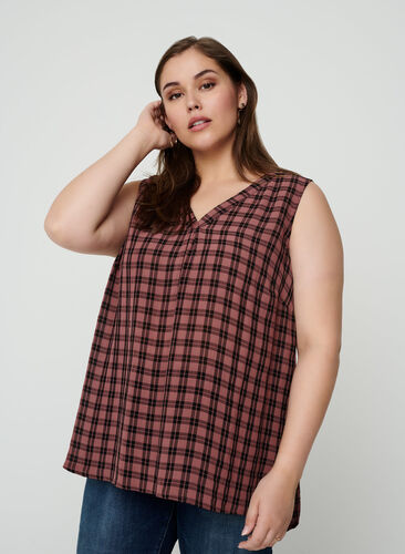 Checked viscose top with a V-neck, Rose Brown CHECK , Model image number 0