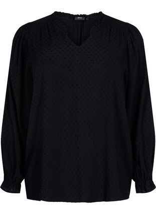Long-sleeved blouse with smock and ruffle details, Black, Packshot image number 0
