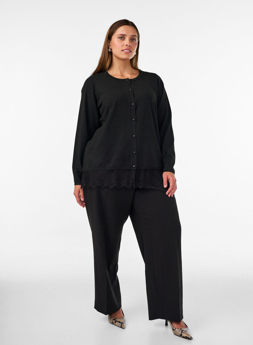 Cardigan with a wide lace hem, Black, Model image number 1