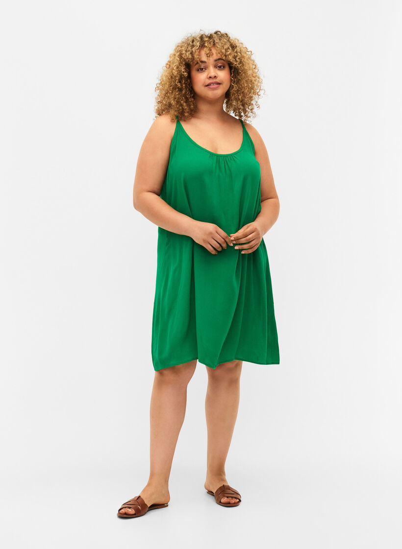 Solid colour strap dress in viscose, Green, Model image number 0