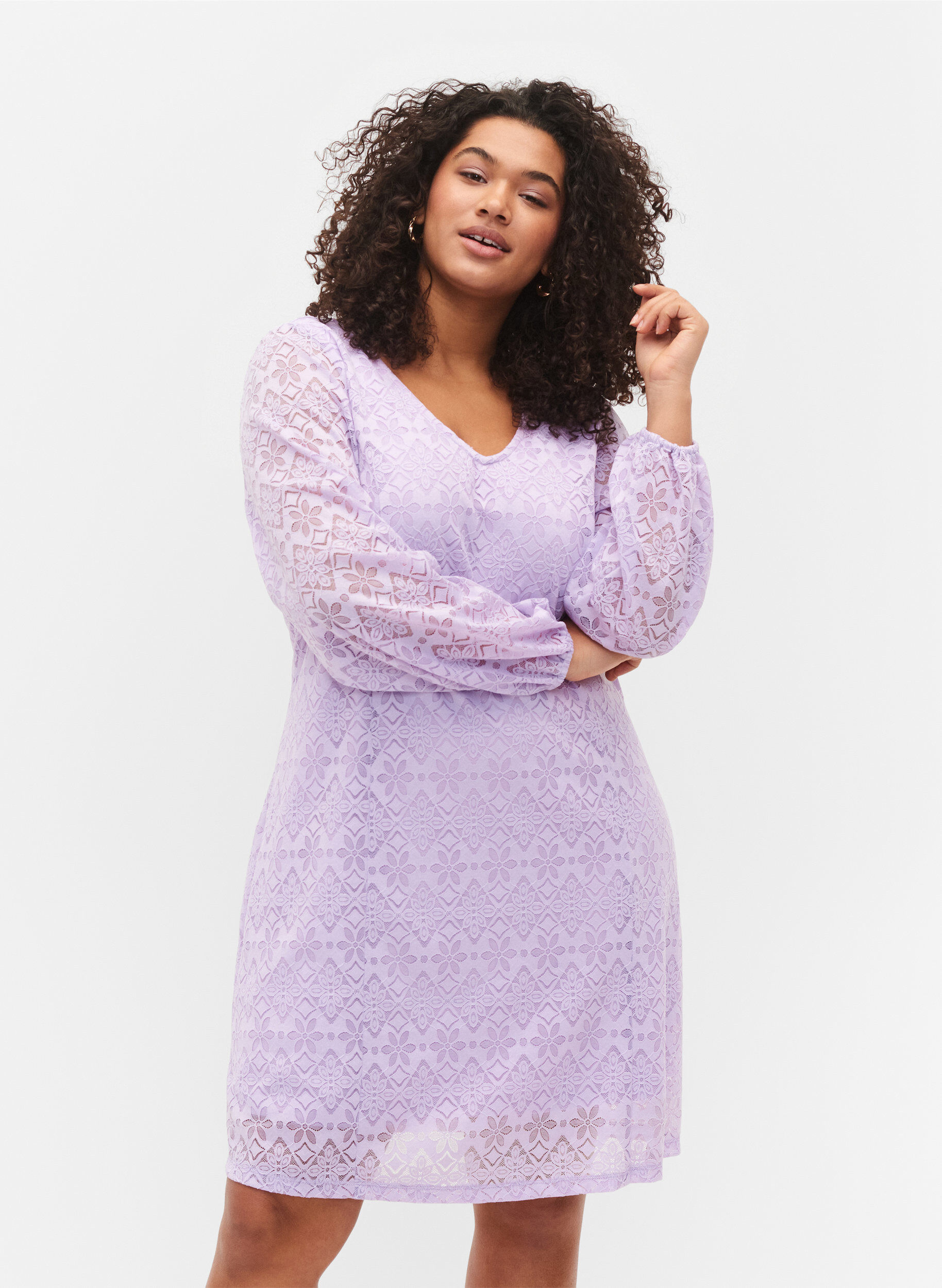 Zizzifashion Lace dress with v neck and long sleeves, Pastel Lilac, Model image number 0