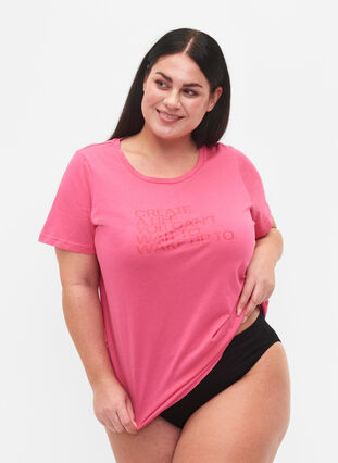 Cotton t-shirt with print and short sleeves, Hot Pink Create, Model image number 0