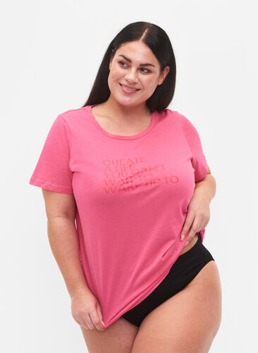Cotton t-shirt with print and short sleeves, Hot Pink Create, Model image number 0