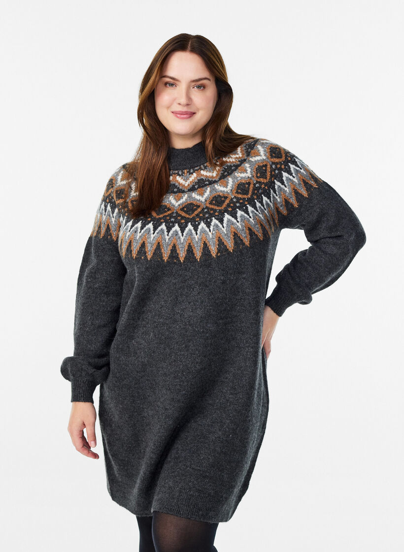 Knitted dress with jacquard pattern and balloon sleeves, Dark Grey, Model image number 0