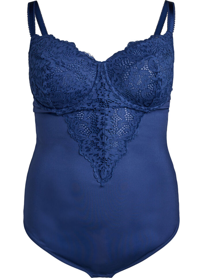 Bodystocking with underwire and lace, Blue, Packshot image number 0
