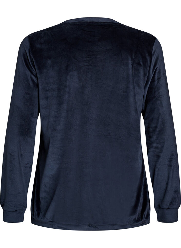 Velour blouse with embroidered text, Blue, Packshot image number 1