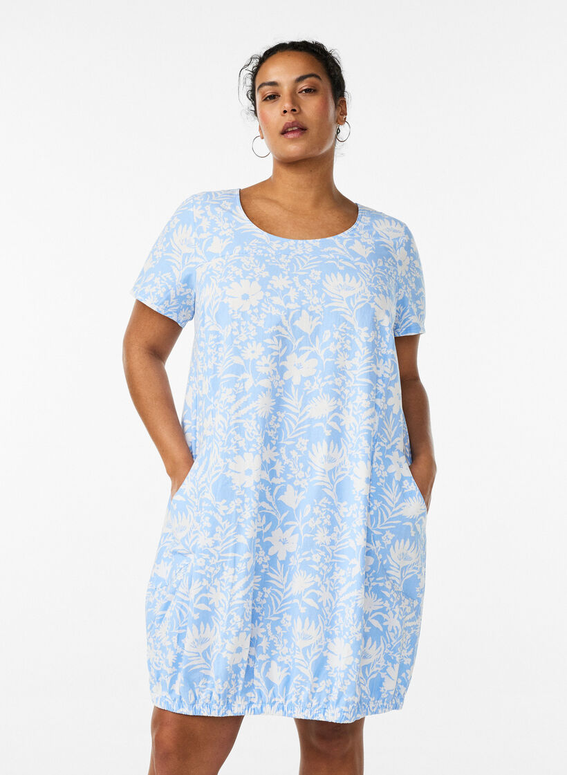 Short-sleeved cotton dress with print, Vanilla, Model image number 0