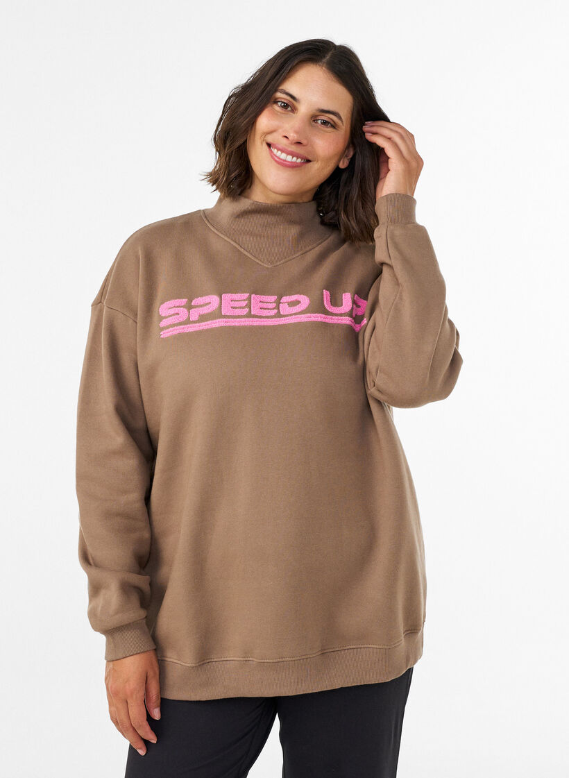 Sweatshirt with high neck and sporty front motif, Brown, Model image number 0