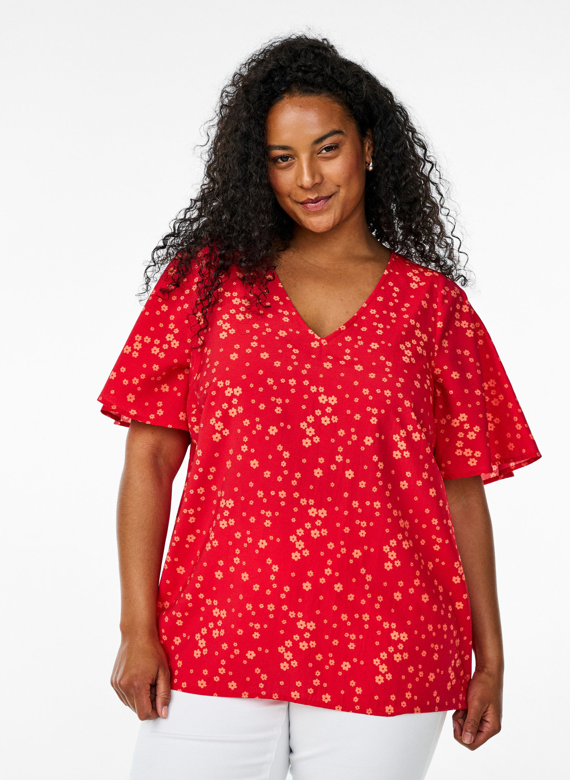 Floral blouse with batwing sleeves, Red, Model