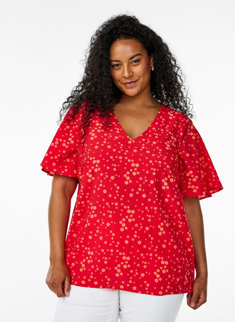 Floral blouse with batwing sleeves, Red, Model image number 0