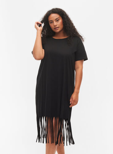 Short-sleeved cotton dress with fringe, Black, Model image number 0