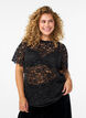 Lace blouse with short sleeves and round neck, Black, Model image number 0