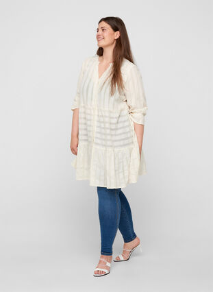 Cotton tunic with buttons and 3/4 sleeves, Antique White, Model image number 2