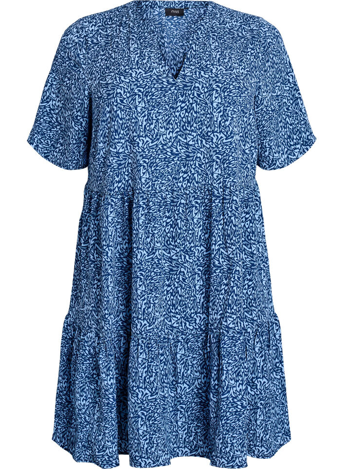 Short sleeve dress with a-line and cutlines, Blue, Packshot image number 0