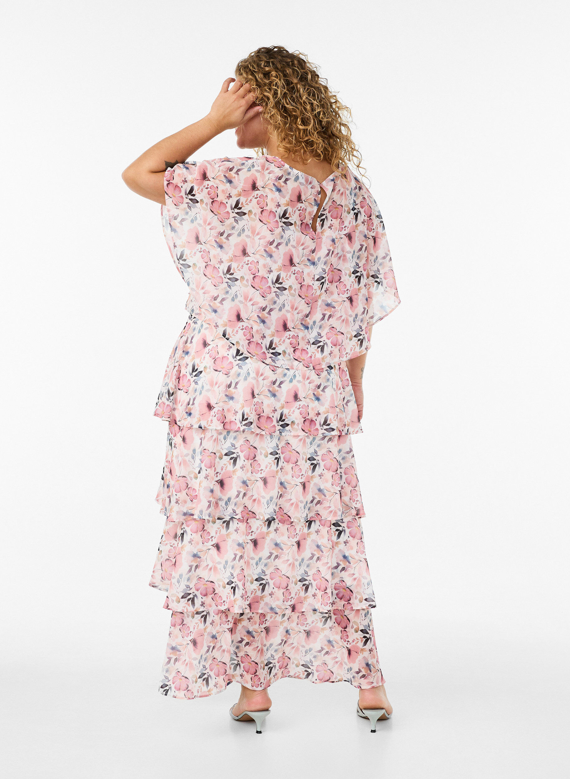 Zizzifashion Maxi dress with ruffle layers and detachable cape, White, Model image number 2