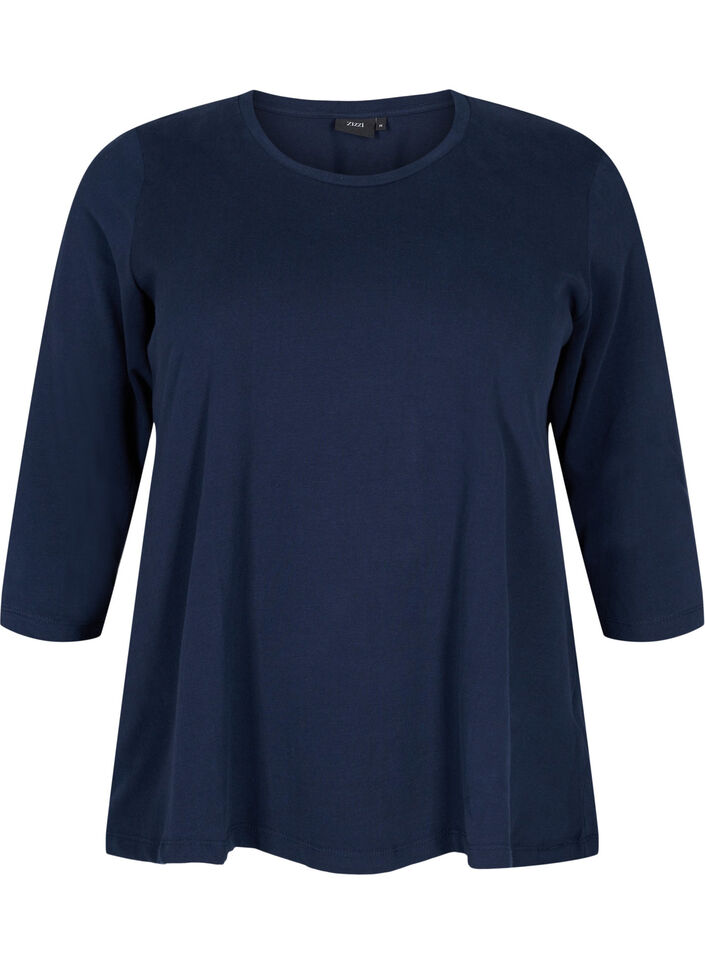 Basic cotton t-shirt with 3/4 sleeves, Blue, Packshot image number 0