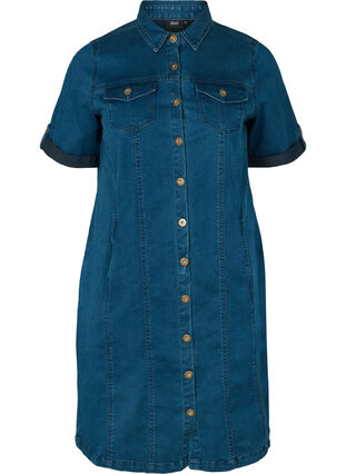 Short-sleeved denim dress, Blue denim, Packshot image number 0