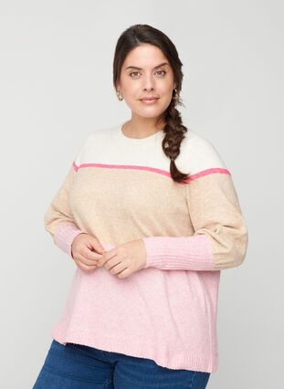 Striped knitted top with round neck, Sandshell Comb., Model image number 0